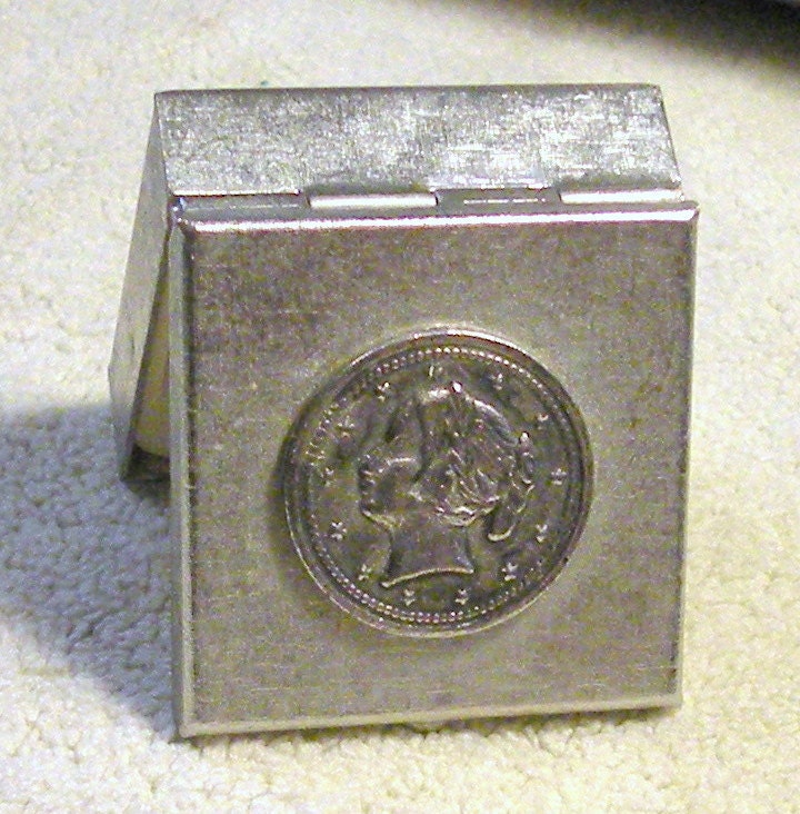 Vintage Pill Box Coin Ladies Head Trinket Box Silver Tone Metal Box