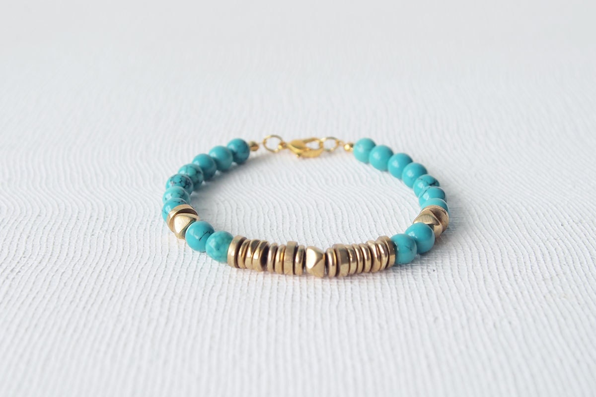 Stack Bracelet : Summer Jewelry - Turquoise with Mix Brass Beaded