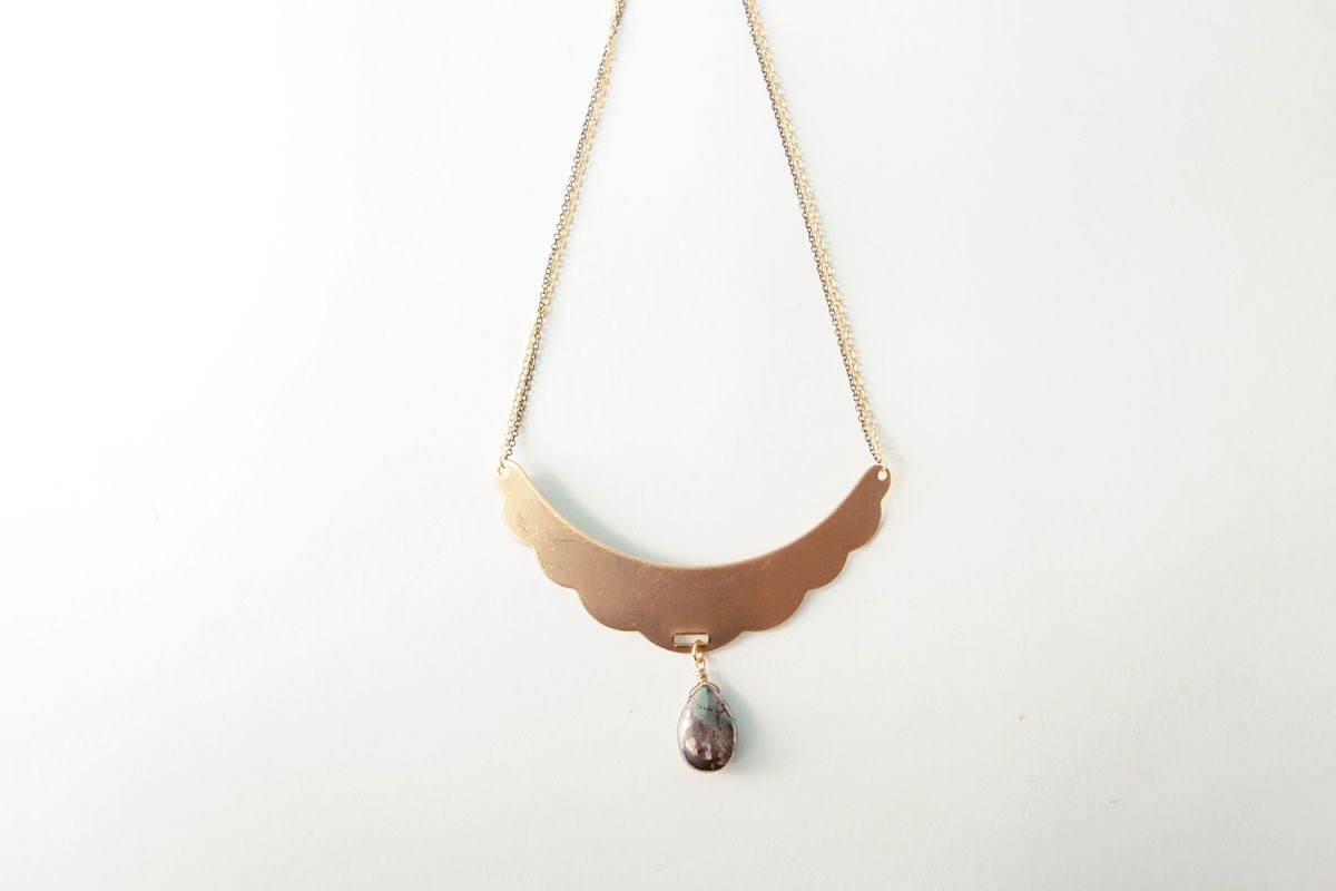 Statement Necklace : Scallop Bib Collar Necklace with Pyrite Drop, Gifts for her