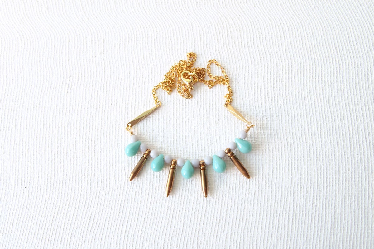 Spike Necklace - Spring Jewelry, Mini Brass Spikes with Robin Blue Drops