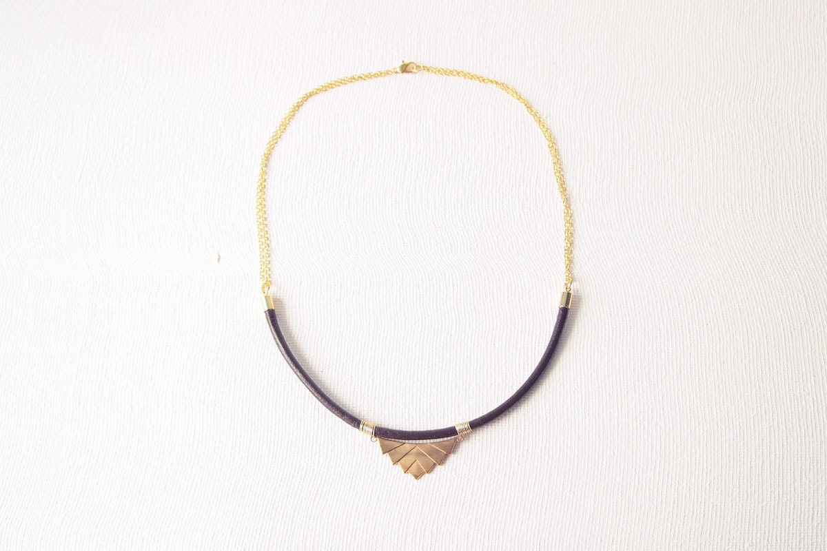 Chevron Necklace : Brass Chevron on Leather Cord Geometric Necklace