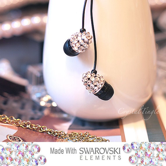 Sparkle Pink Blue Black Swarovski Crystal Earphone with Mic Headphone Earbuds for iPhone iPod iPad Any 3.5mm Plug