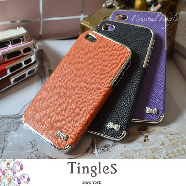NEW Sweet Juicy Pink Luxury Designer Inspired Leather Hard Case Bow with Silver Frame For iPhone 4 4S & 5