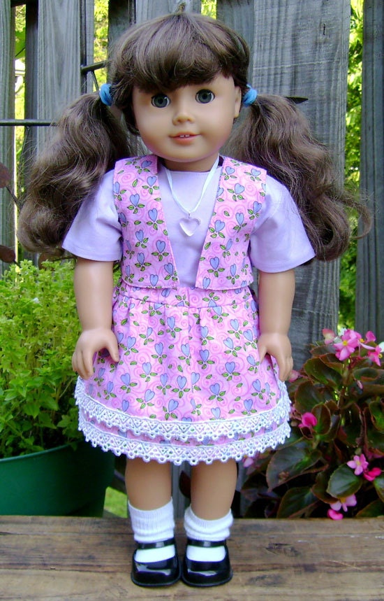 American Girl  18 inch Doll Pink Cotton Skirt Vest and Shirt Outfit Lavender Hearts