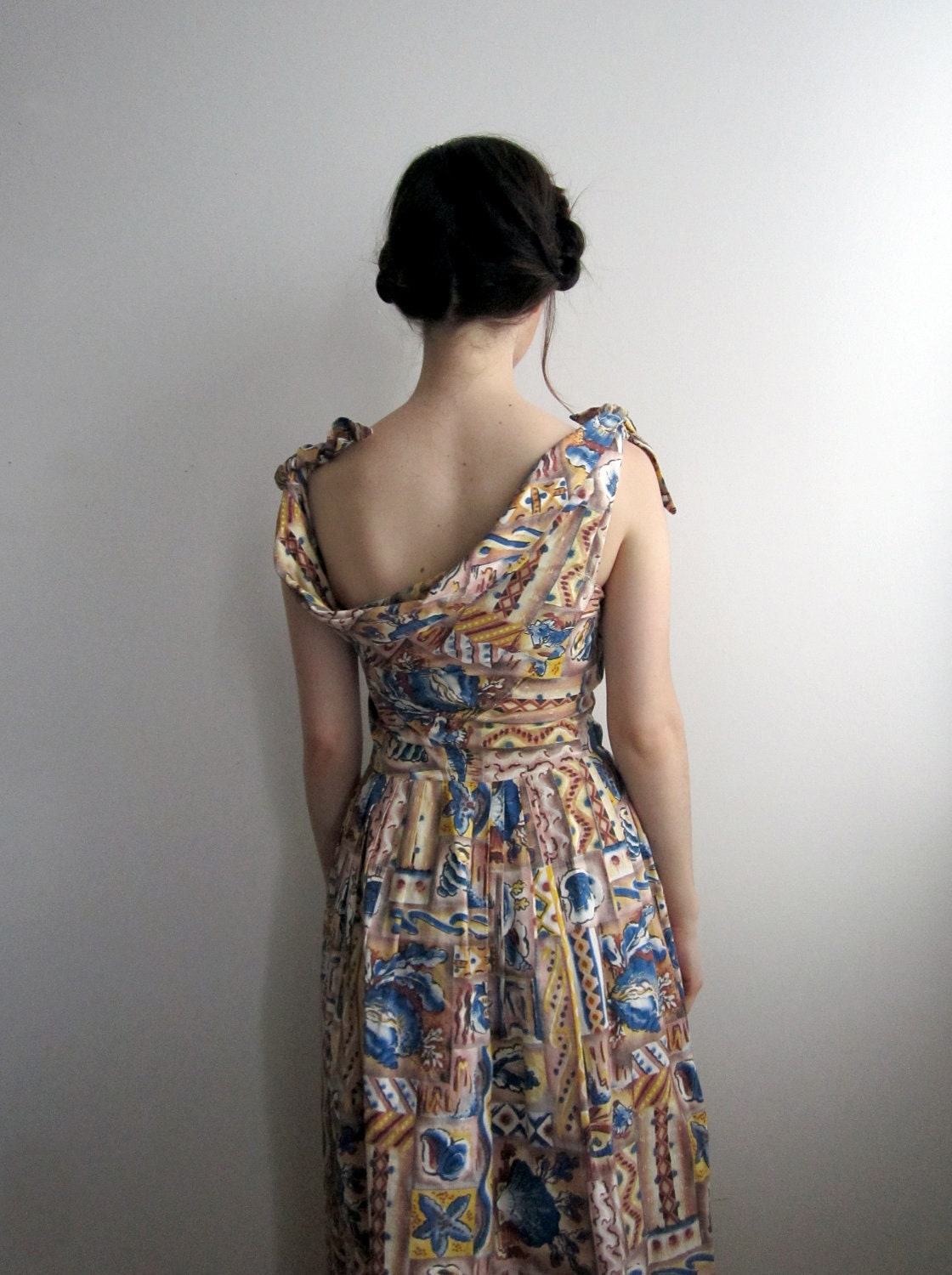 1950's Seashell Day Dress, Blue and Tan
