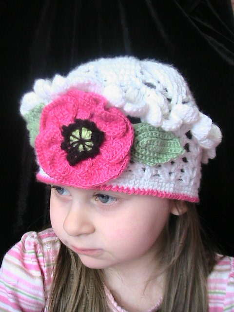 Crochet Girls Hat and red poppy flower, Crochet Girls Beret with Red-Poppy Flower, Crochet Girls Beret Hat,Toddler girl hat Poppy Red.