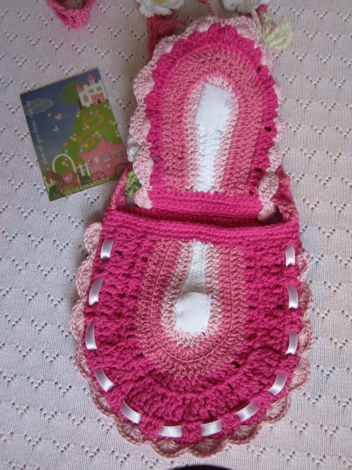 Crochet girls purse with doll clip. Hot Pink pouch with flowers and ladybug. Crochet girls handbag