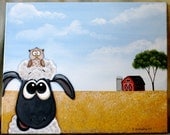 Whimsical Original Unique Sheep Owl art in a Country Folk Art Landscape Scene Painting - Valentines Day Gift