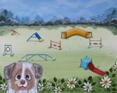 Hand painted Whimsical Original Unique Art Australian Shepherd Aussie Dog Agility painting - Spring Easter Gift
