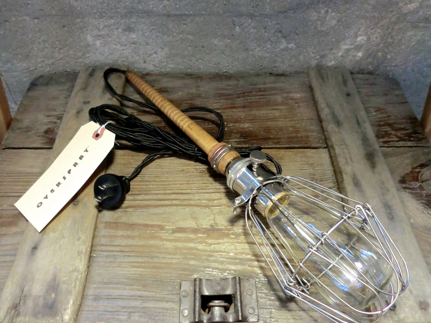 Industrial DARK WOOD Cage Light - Edison Bulb Pendant Light Fixture, Black Cord, Plug-in