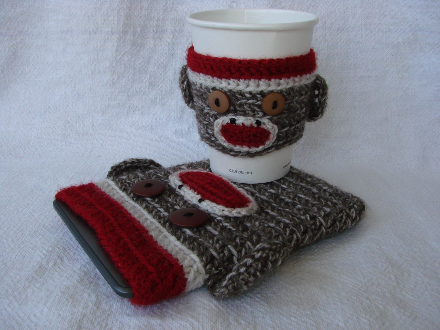 Sock Monkey Kindle Kobo Nook eReader Sleeve and Coffee Cozy SET Back to School College University