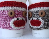 His and Hers Sock Monkey Coffee Cozy SET of two (red, white with pink and brown)