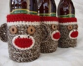 ONE Sock Monkey Beer Bottle Cozies Christmas birthday gift party accessory brown or in fun colors