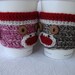His and Hers Sock Monkey Coffee Cozy SET of two (red, white with pink and brown)