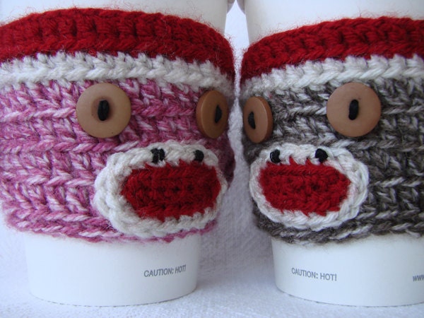 His and Hers Sock Monkey Coffee Cozy SET of two (red, white with pink and brown)