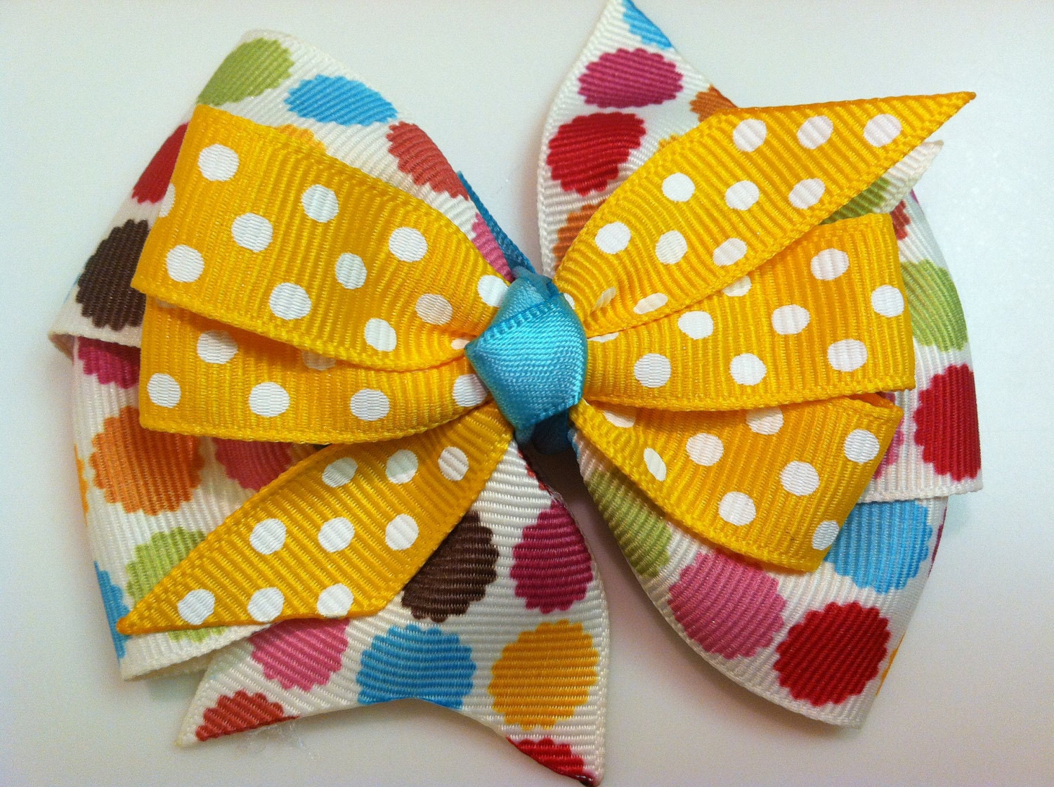 Multicolor Polka Dot & Gold Fun FALL HARVEST Stacked Boutique Style Ribbon Bow Handmade for PETS Dog Collar Accessory