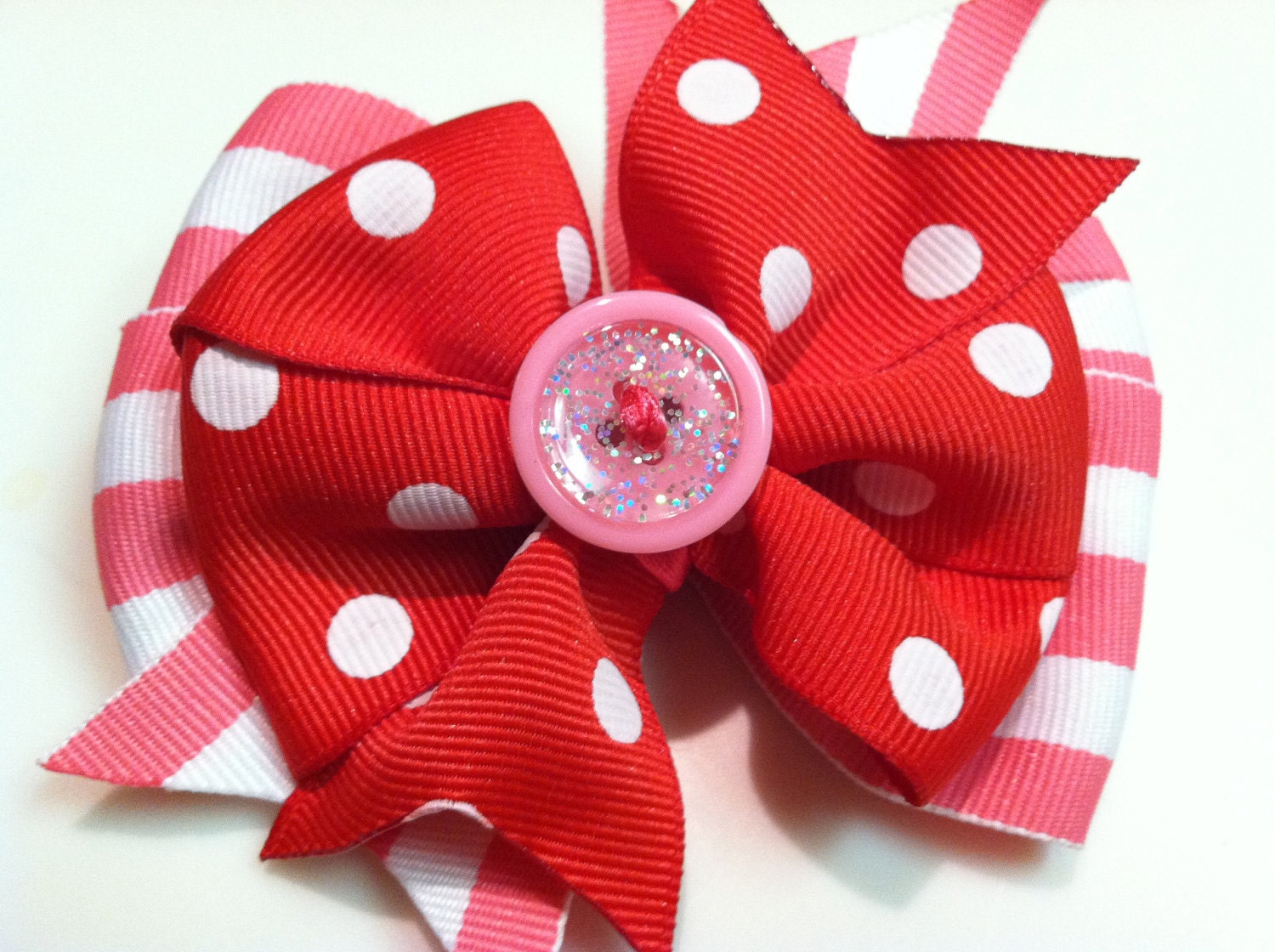 Pink and White Stripes Red Polka Dot & Button VALENTINES Stacked Boutique Style Ribbon Bow Handmade for PETS Dog Collar Accessory