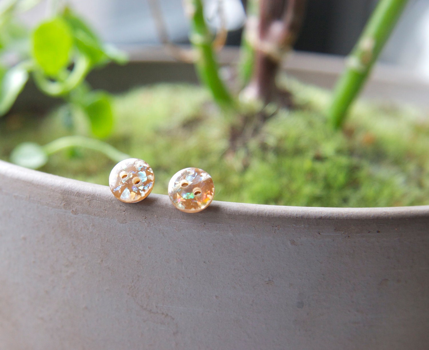 Round Brown Glitter Button Earrings