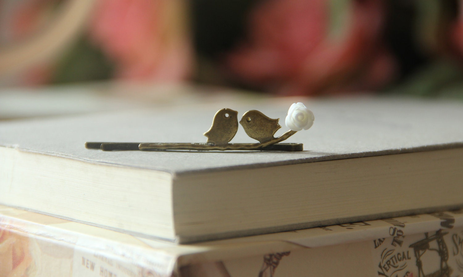 Hair pin Original Love birds on branch with white rose, Antiqued Brass, VintagebyRachel on Etsy