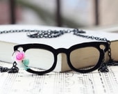 Eyeglasses Pendant  Necklace - Black Metal - Vintage style flower