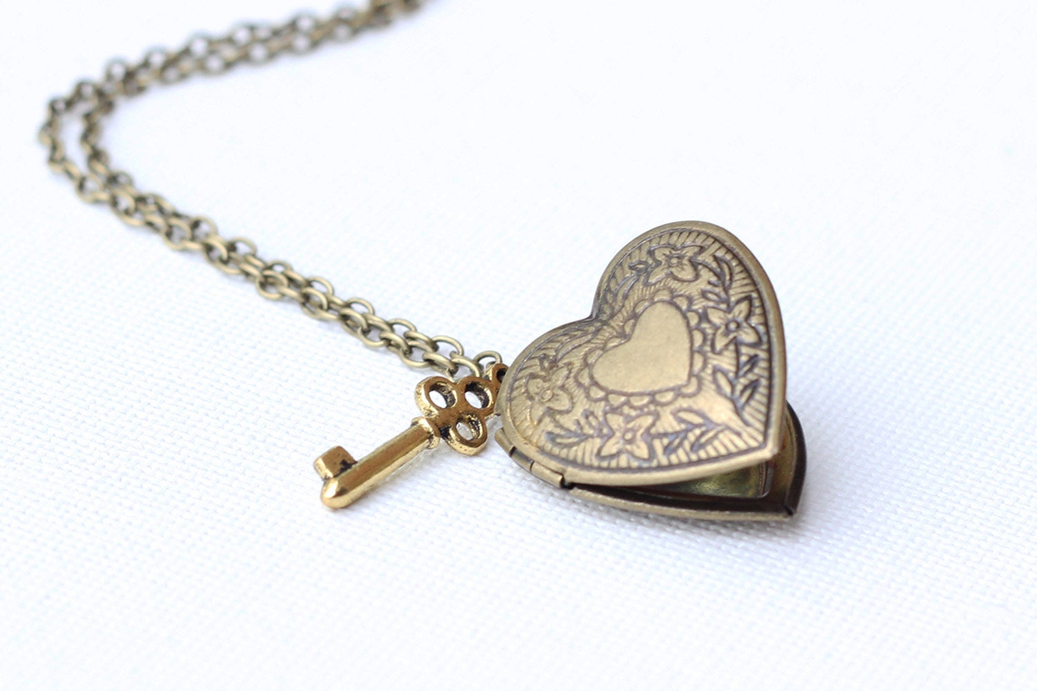 Heart Locket Pendant Necklace - Small gold key charm