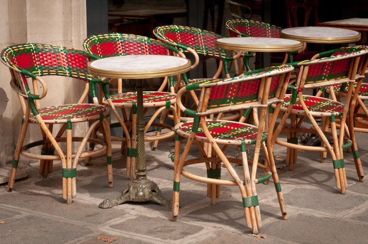 Paris Photo - Paris Bistro Tartan Plaid Cafe Chairs, Sidewalk Restaurant, Paris, France, Fine Art Photograph, Home Decor