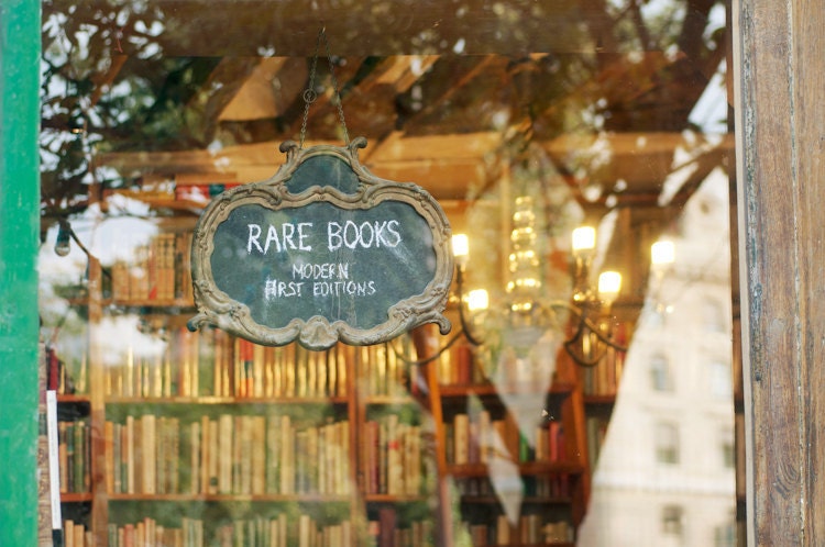 Paris Night Photograph - Rare Books, Shakespeare and Company Bookstore, Window Display, Paris France, Home Decor