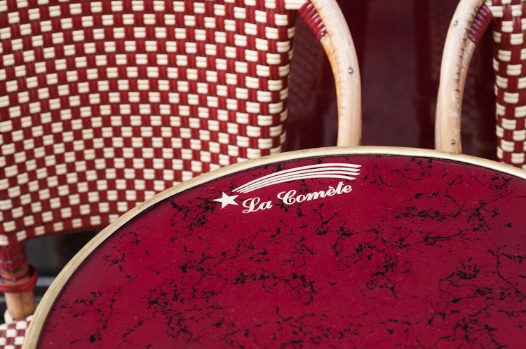 Paris Photo - Maroon cafe table in Paris, La Comète, Fine Art Photograph, Urban Home Decor