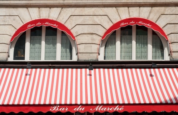 Paris Photo - Red Awning, Windows in Parisian Bar, Bistro, Fine Art Photograph, Home Decor