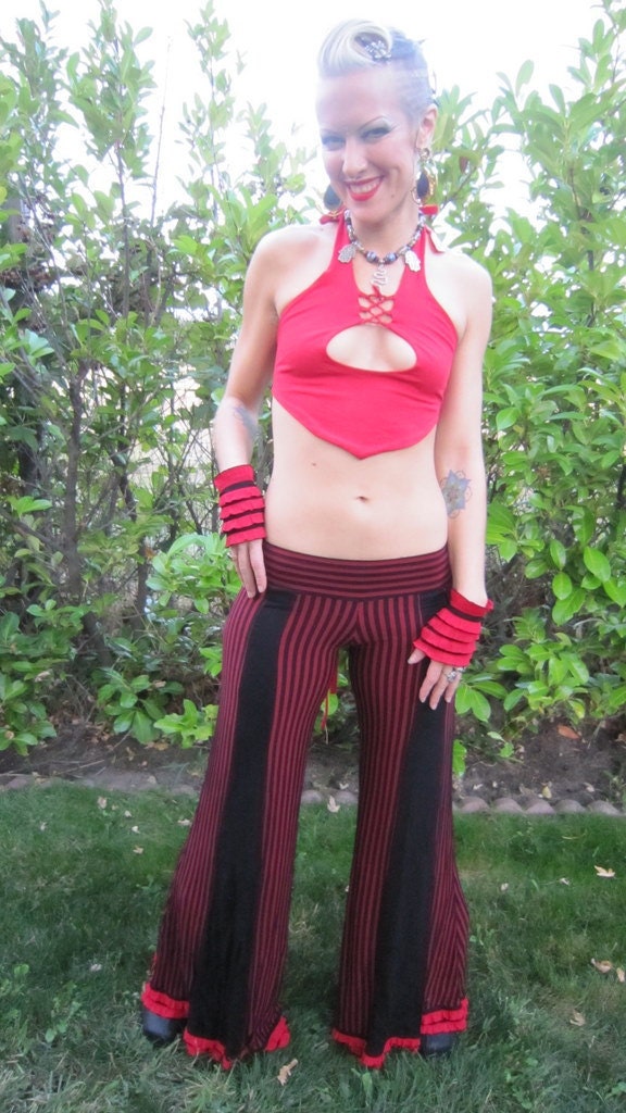 Red and Black Stripey Sexytime bell bottom Pants with Ruffles