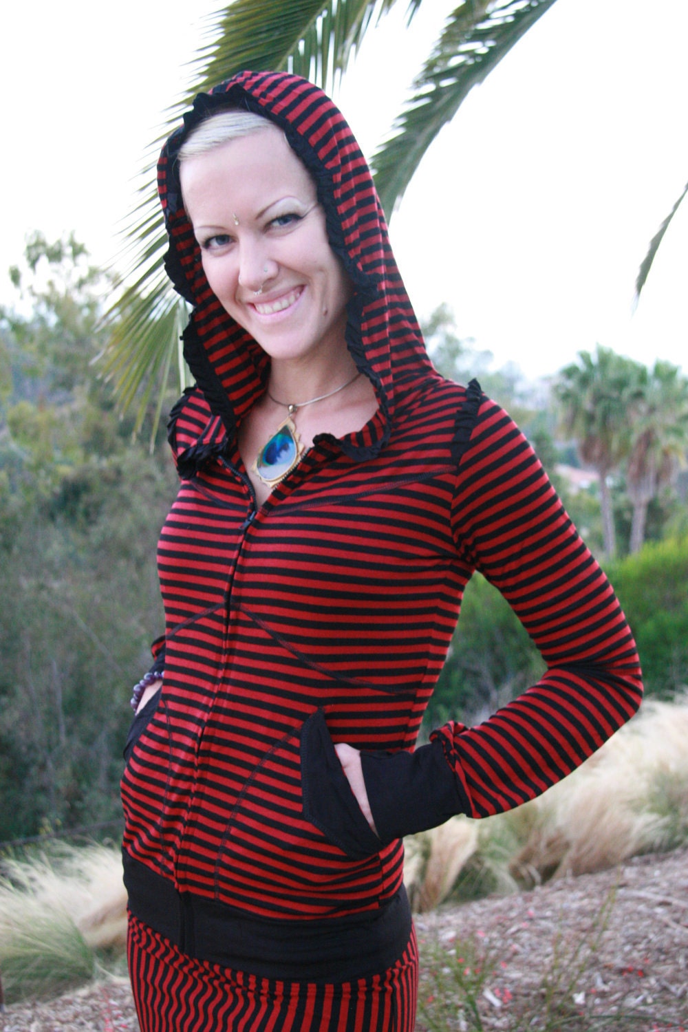 Red and black Stripey Ruffle Lotus Hoodie