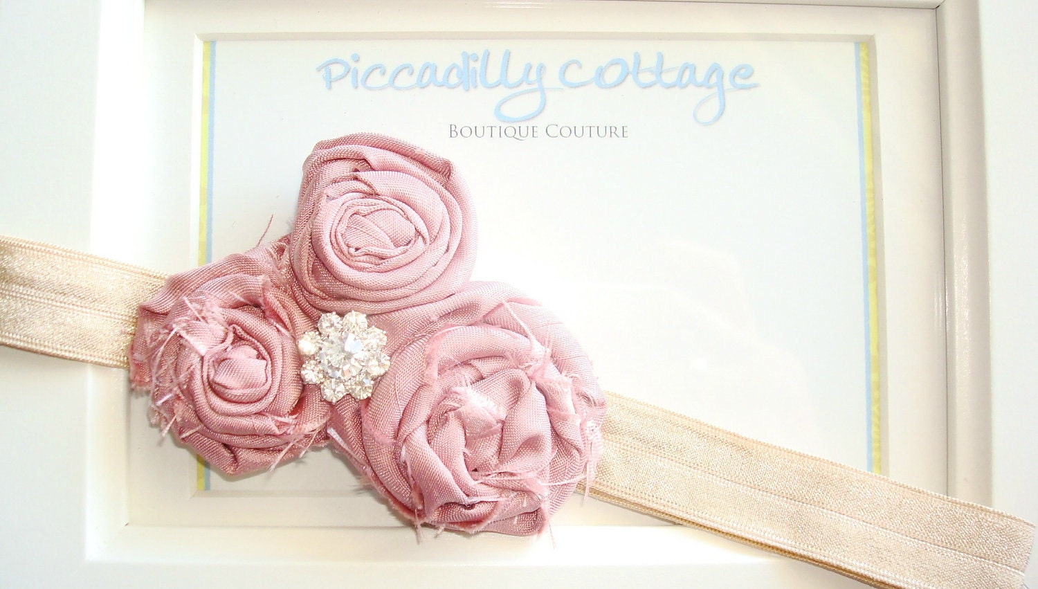 Pink flower headband womens girls baby mauve pink rosettes rhinestone button center Vintage inspired The Elsie Headband.