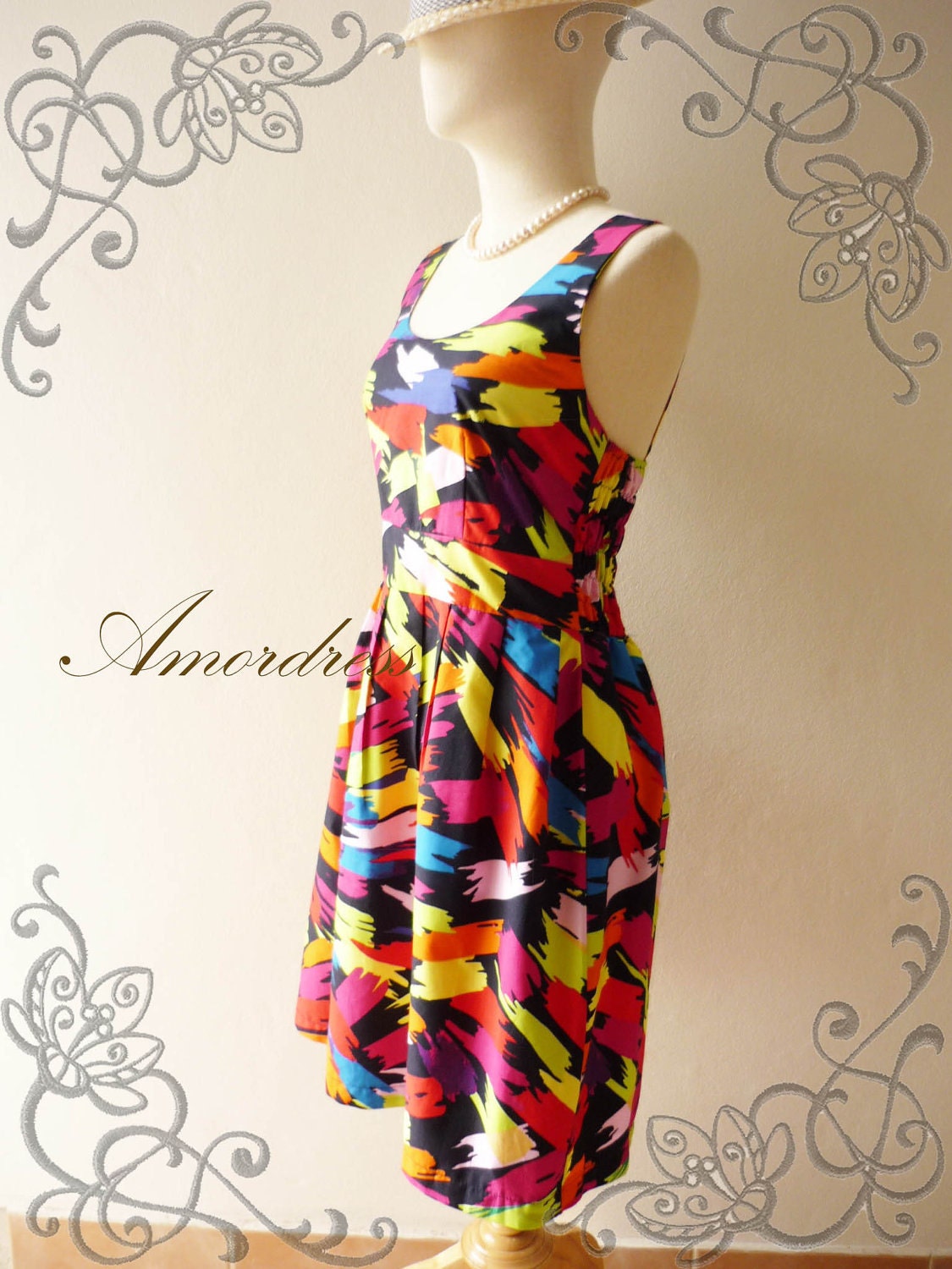 Retro Dress Amor Vintage Inspired- Chilling Princess- Great Paint Colorful Cotton Dress for Any Occasion-Fit S-M-