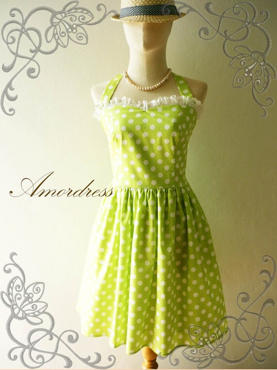 Amor Vintage 50's Inspired Halter Neck The Polka Dot Juicy Lime Green Dress for Any Occasion - Once Upon A Time- Size S-