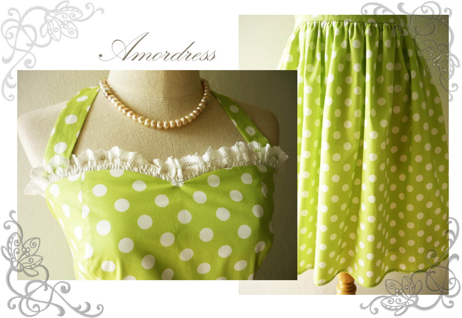 Amor Vintage 50's Inspired Halter Neck The Polka Dot Juicy Lime Green Dress for Any Occasion - Once Upon A Time- Size S-