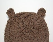Newborn crochet hat.  Little bear with cables.  Made to order.  0 to 6 month size.  Unisex.  Gender neutral.  Fall Hat.  Infant winter hat.