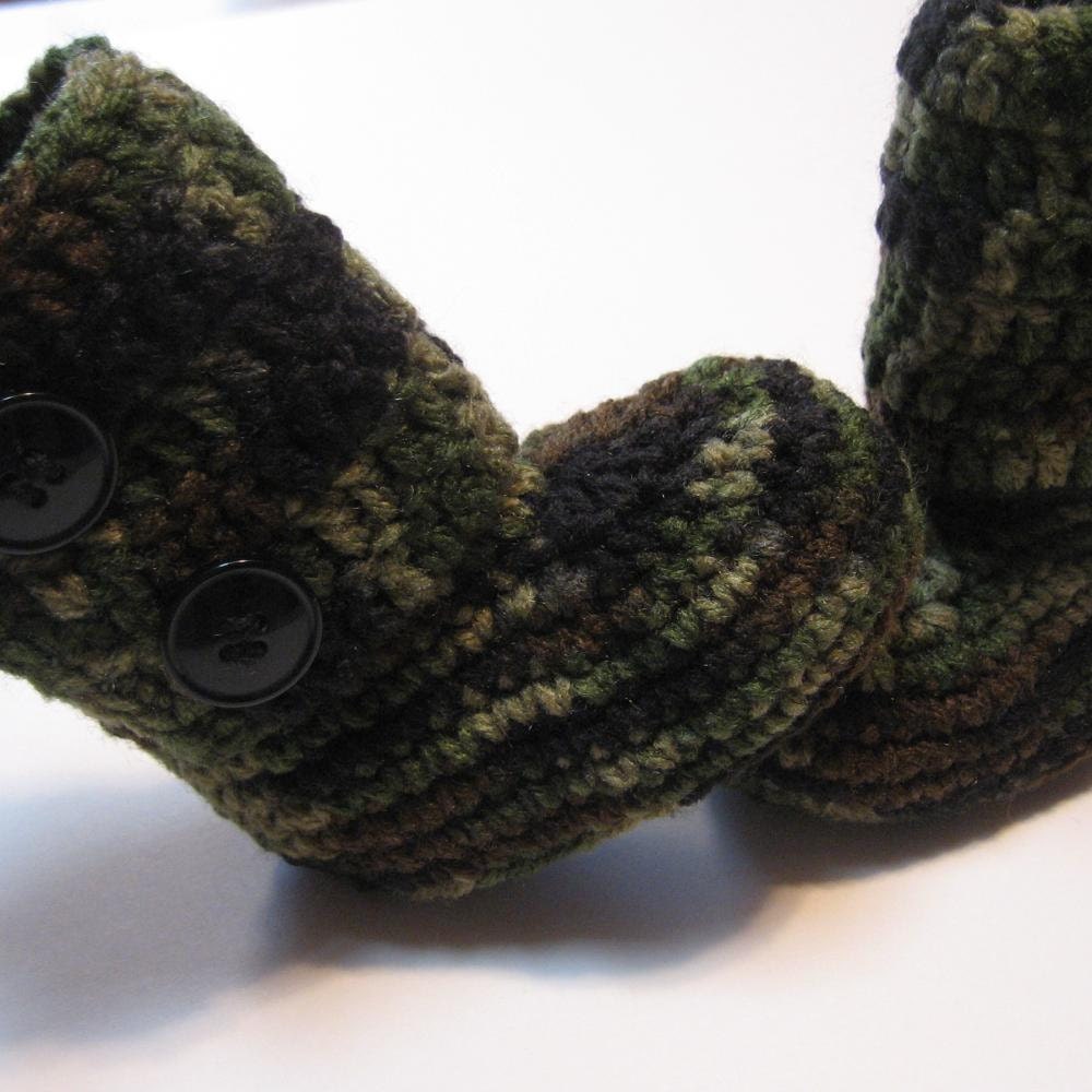 Crochet baby booties.  Boys booties.  Boys ankle boots.  Camouflage.  Made to order.  6 to 12 month, 12 month, 18 month, 24 month.