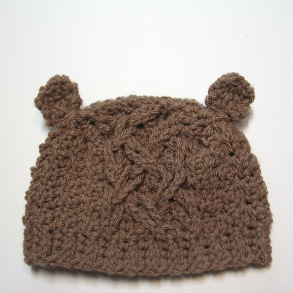 Newborn crochet hat.  Little bear with cables.  Made to order.  0 to 6 month size.  Unisex.  Gender neutral.  Fall Hat.  Infant winter hat.