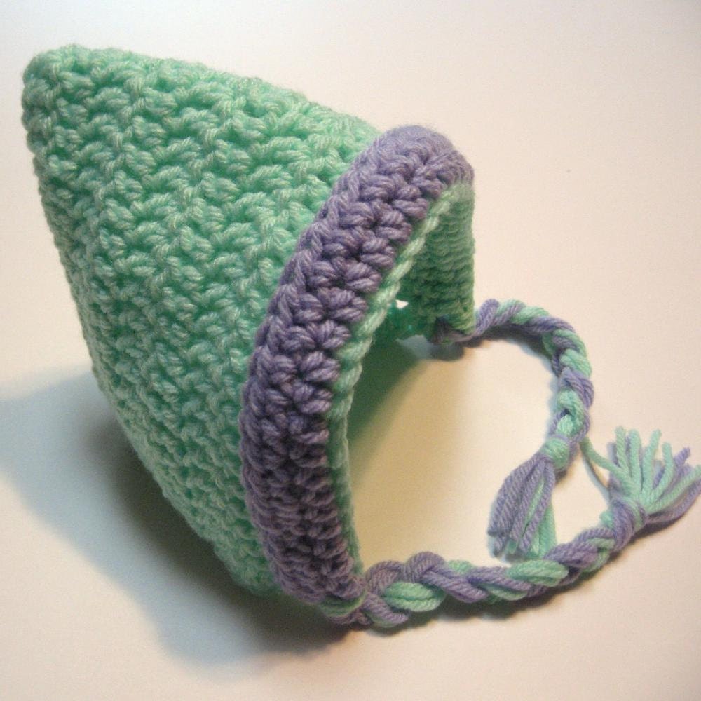 Crochet pixie, elf, gnome hat.  Newborn to 3 month.  Ready to ship.  Mint and lilac.  Photography prop.