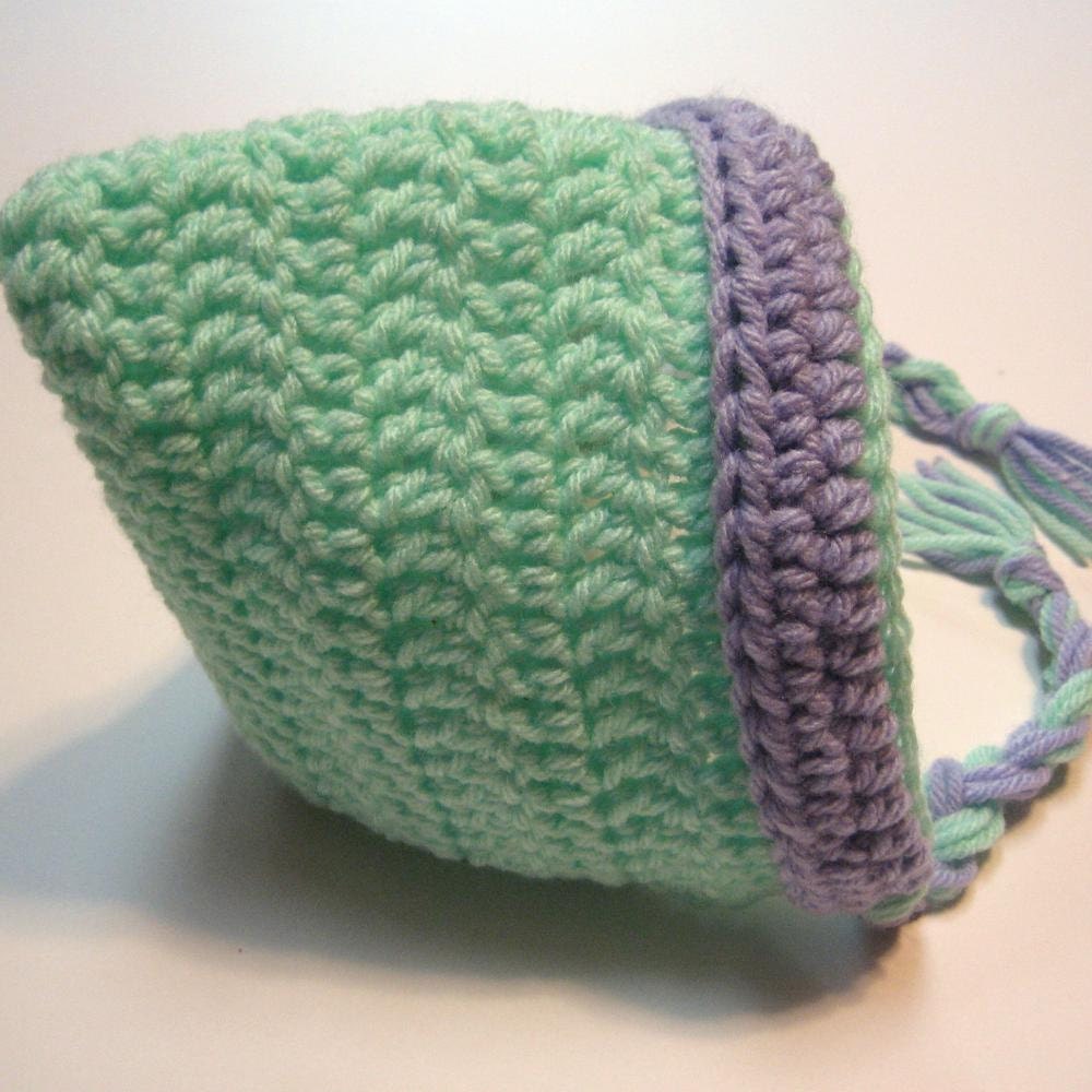 Crochet pixie, elf, gnome hat.  Newborn to 3 month.  Ready to ship.  Mint and lilac.  Photography prop.