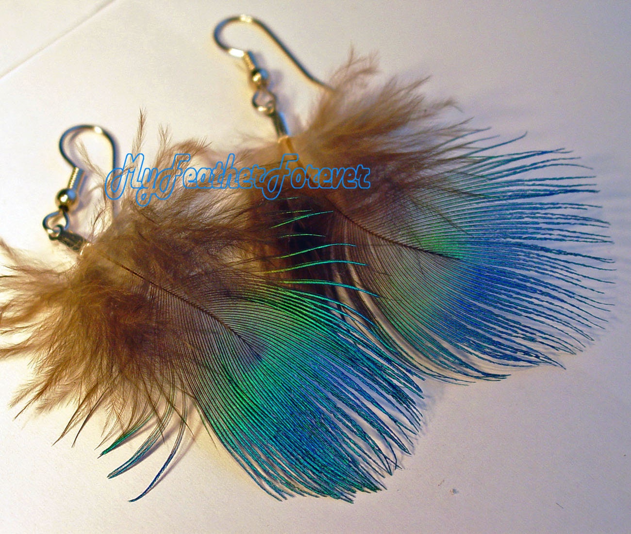 Blue green brown short peacock feather earrings