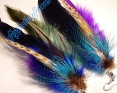 Navy blue brown purple teal and grizzly long feather earrings