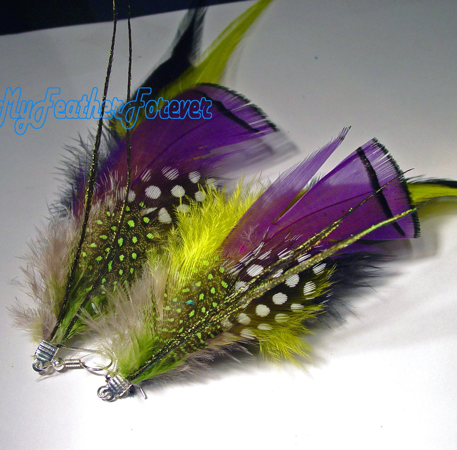 Purple lime green black and long feather earrings