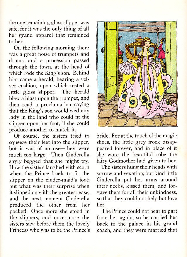 Lot of 7 vintage book pages with color and black and white Cinderella illustrations from 1933