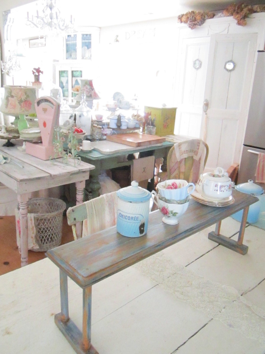 Fabulous vintage chippy painted aqua plate shelf