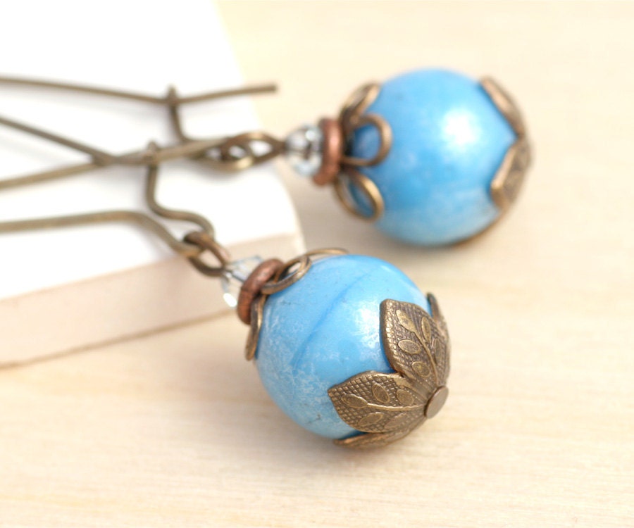 Turquoise Earrings, Aqua Bead Earrings, Glass Bead Earrings, Aqua Drop Earrings, Nickel Free Earrings, Antiqued Brass Earrings (Mali)
