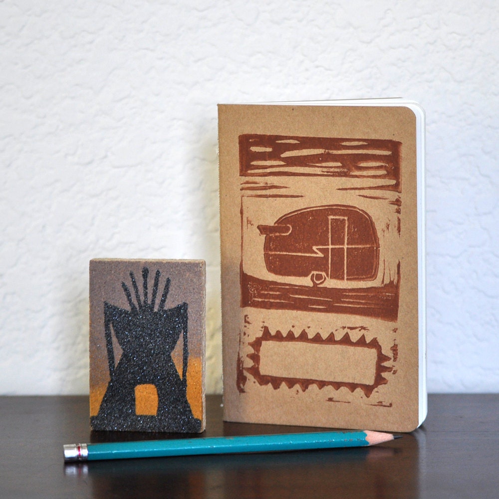 RV Camper Art Travel Journal - Linocut Block Print Moleskine Pocket Journal