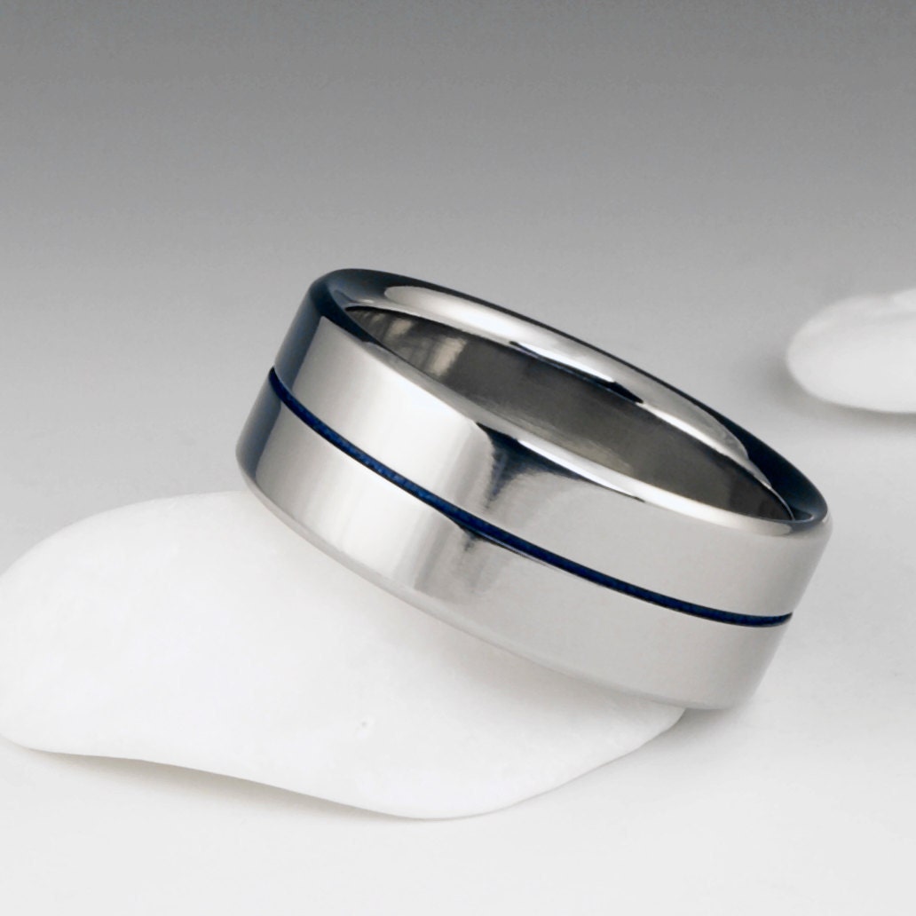 Titanium Wedding Ring - Centered Blue Pinstripe