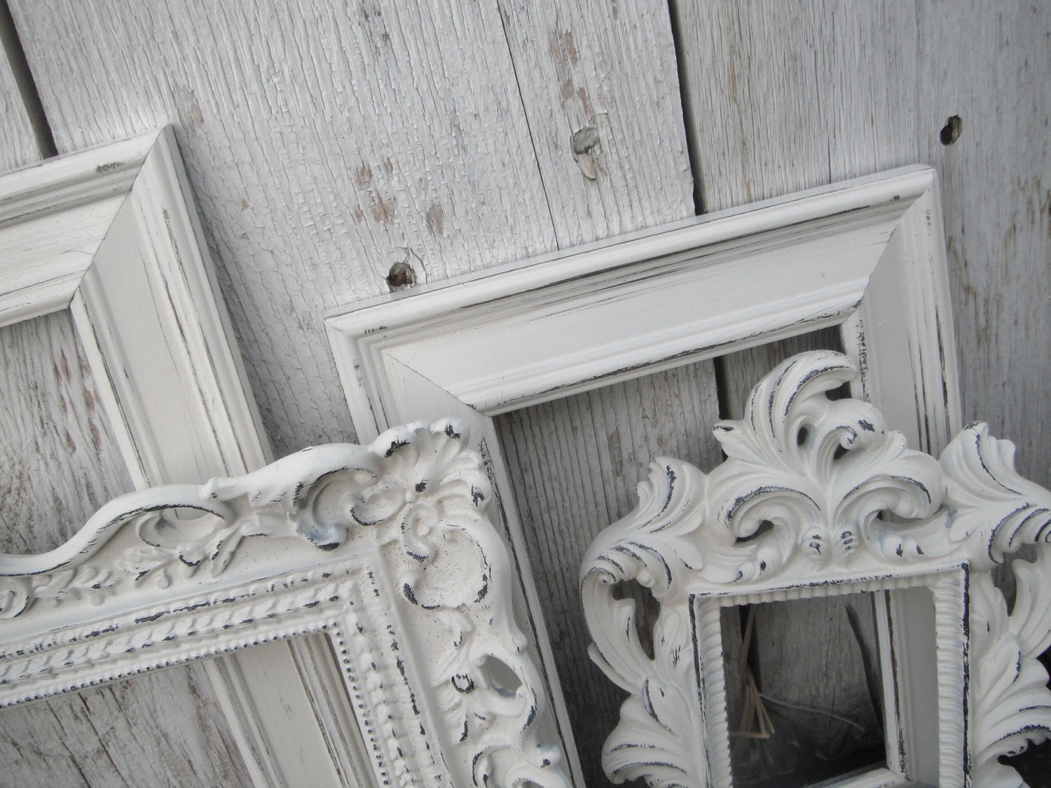 Distressed Vintage Style PICTURE FRAMES - Ornate - Set of Five - Heirloom White - Shabby Chic Wedding - w/ Glass N Backing