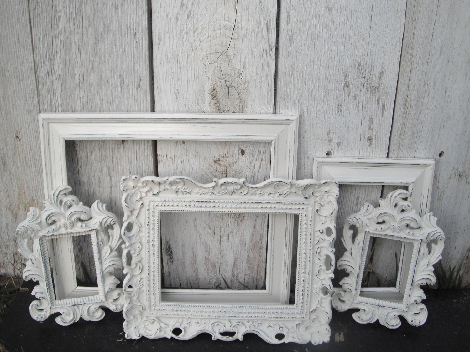Reserved -Distressed Vintage PICTURE FRAMES - Ornate - Set of Five - Heirloom White - Shabby Chic Wedding - w/ Glass N Backing